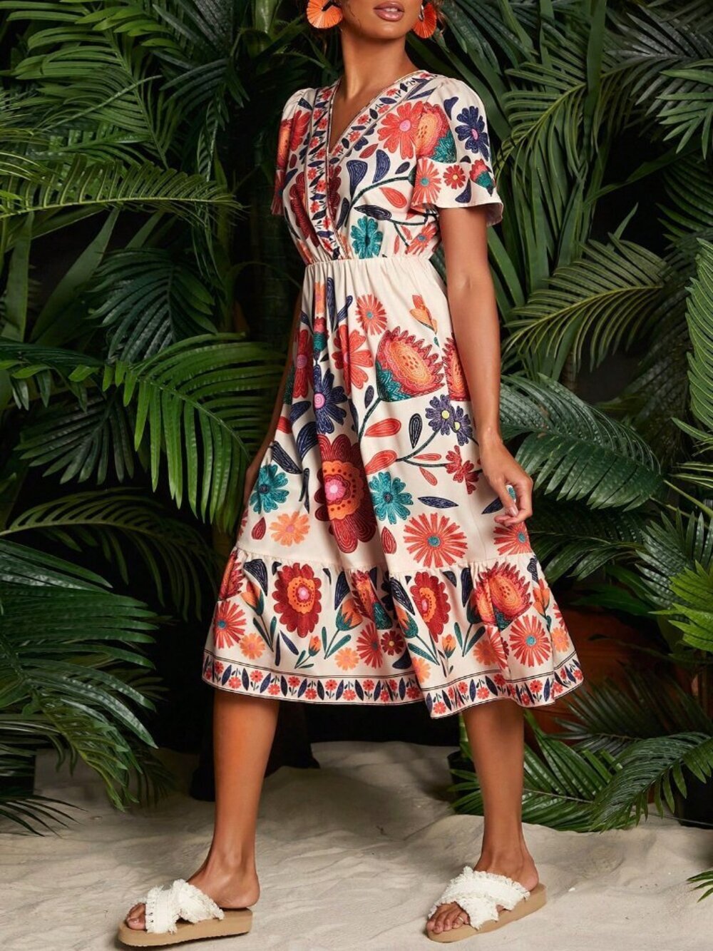 Multicolor Boho Women's Floral Print Butterfly Sleeve midi Dress - Picture 5 of 6